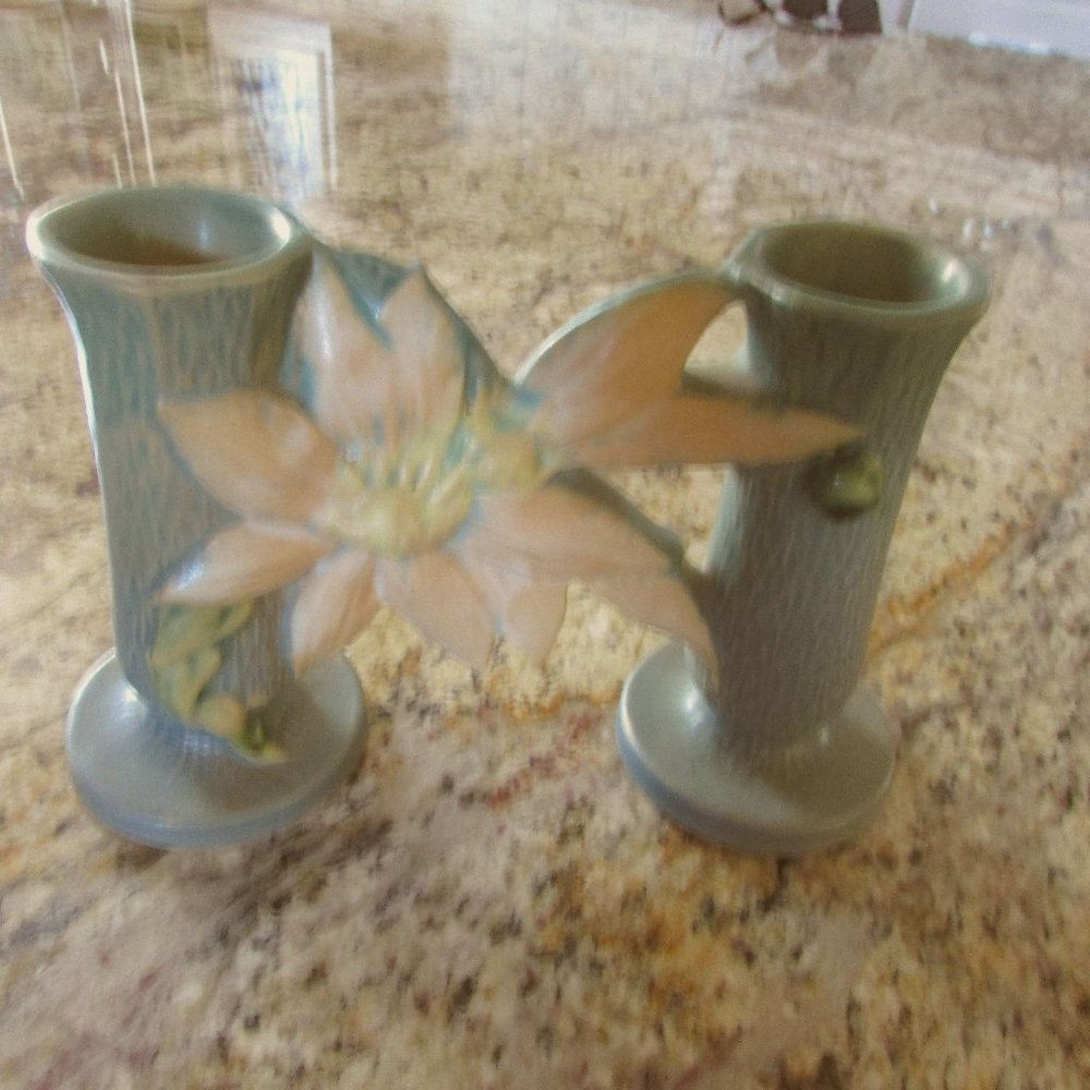 Roseville Clematis Pattern Double Bud Vase Vintage
